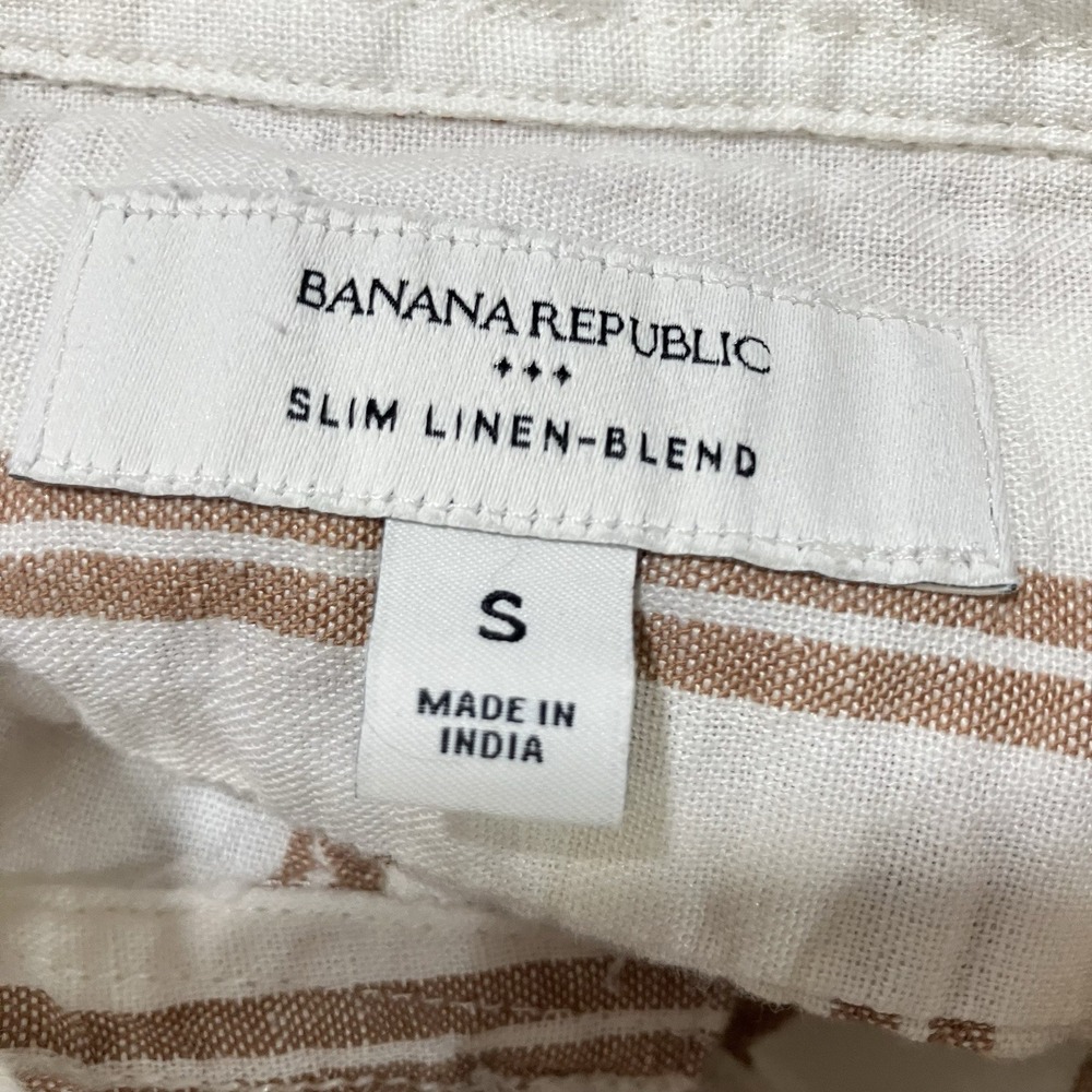 Banana Republic Linen Blend Striped Button Up Shirt Small White Tan Slim Fit - Picture 7 of 9